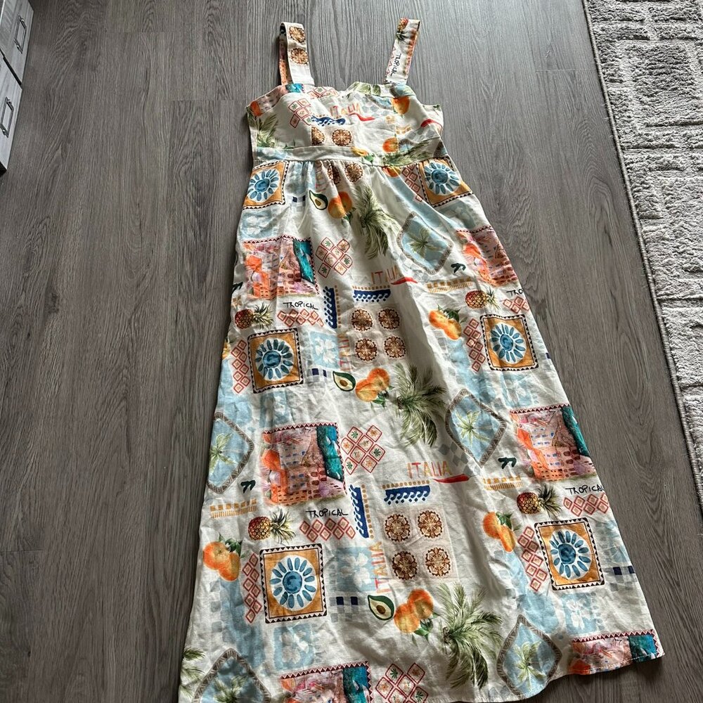 NEW Spighe di Lino Spaghetti Strap Maxi Dress Postcard Print - Large